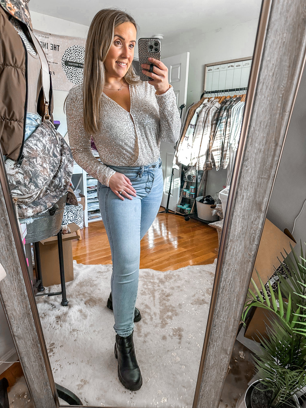 The Show Stopper Beige Sequin Bodysuit