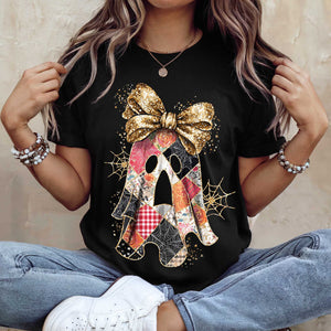 Gold Patchwork Ghostie Black Cotton T-Shirt