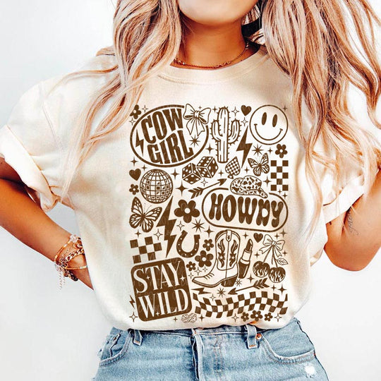 Howdy Cowgirl Collage Tan Cotton T-Shirt