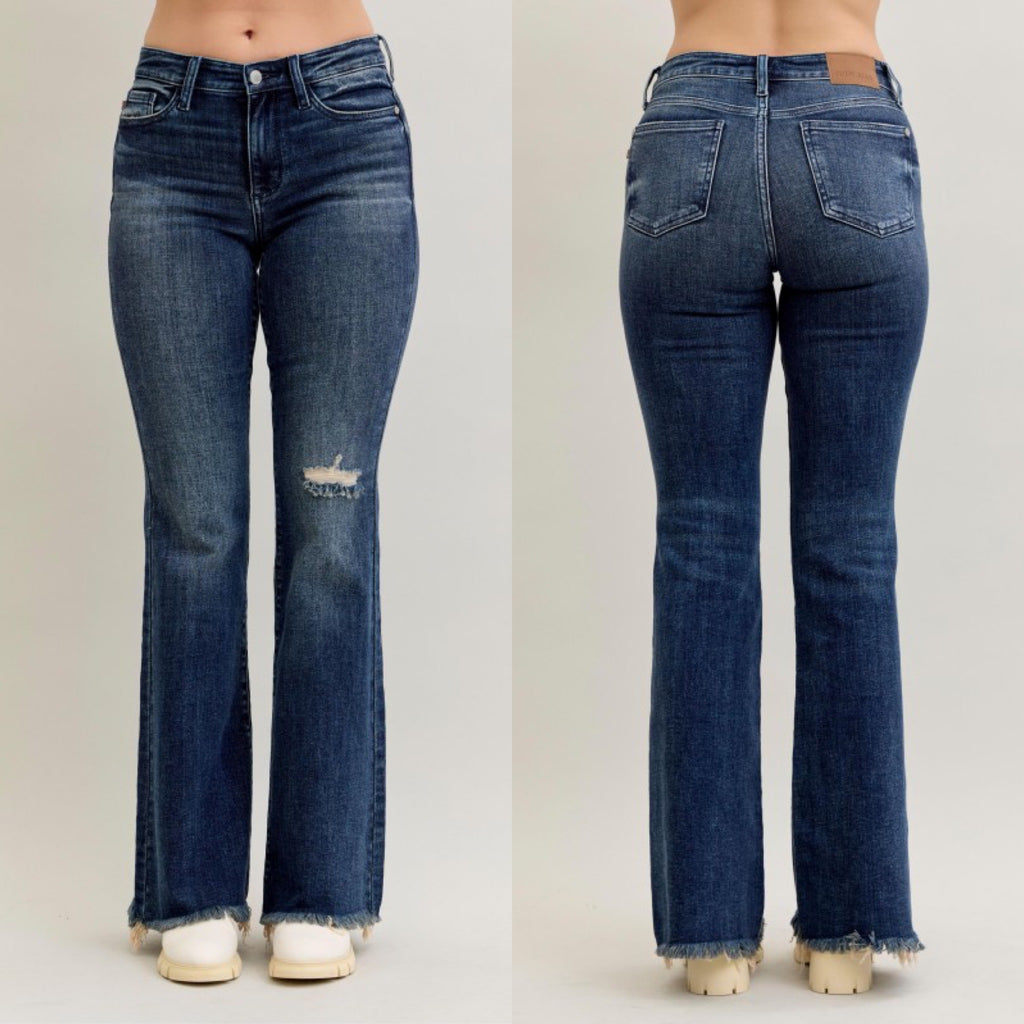 Shake It Off Mid Rise Distressed Fray Hem Flare Judy Blue Denim