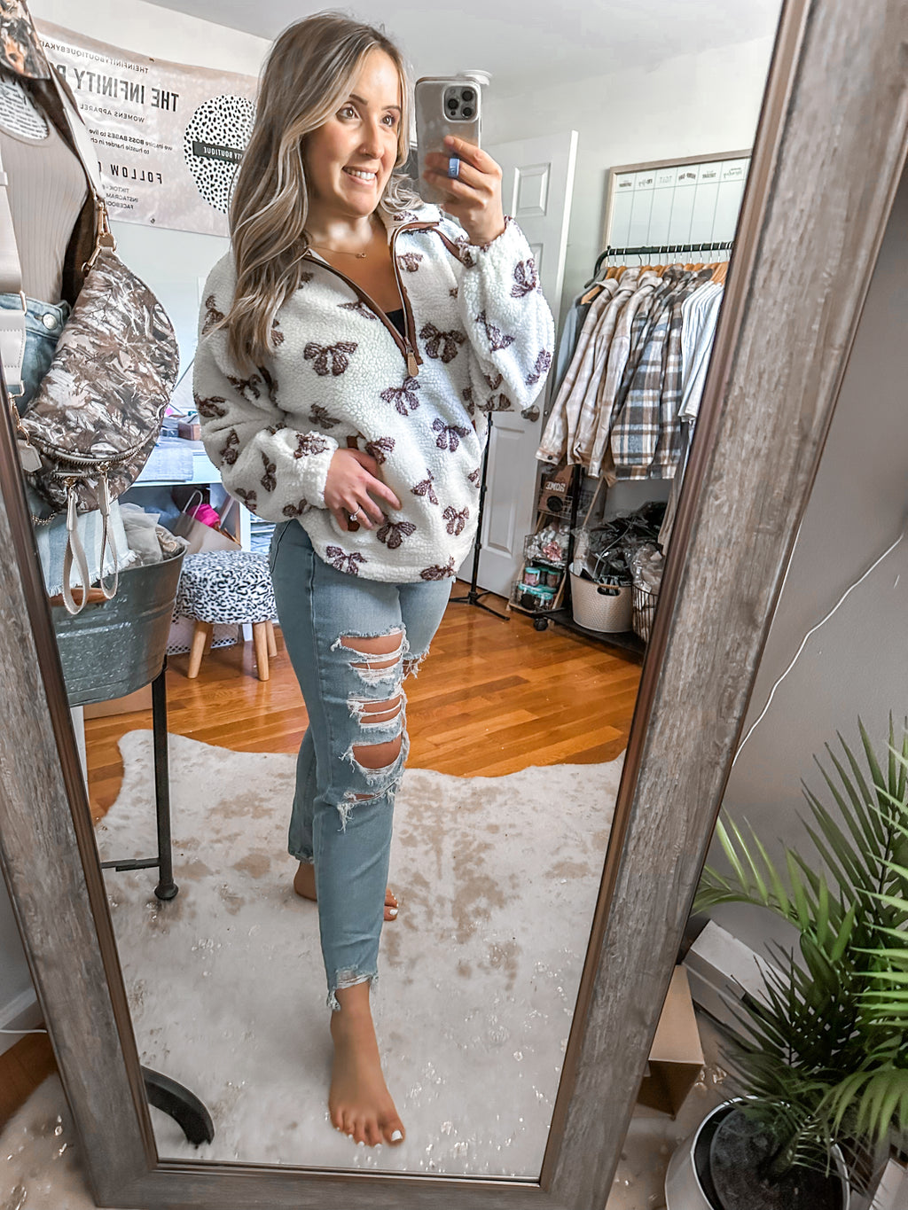 The Paris Ivory Sherpa Bow Quarter Zip Pull Over