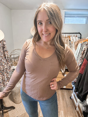 Where To Go Khaki V Neck Long Sleeve Top