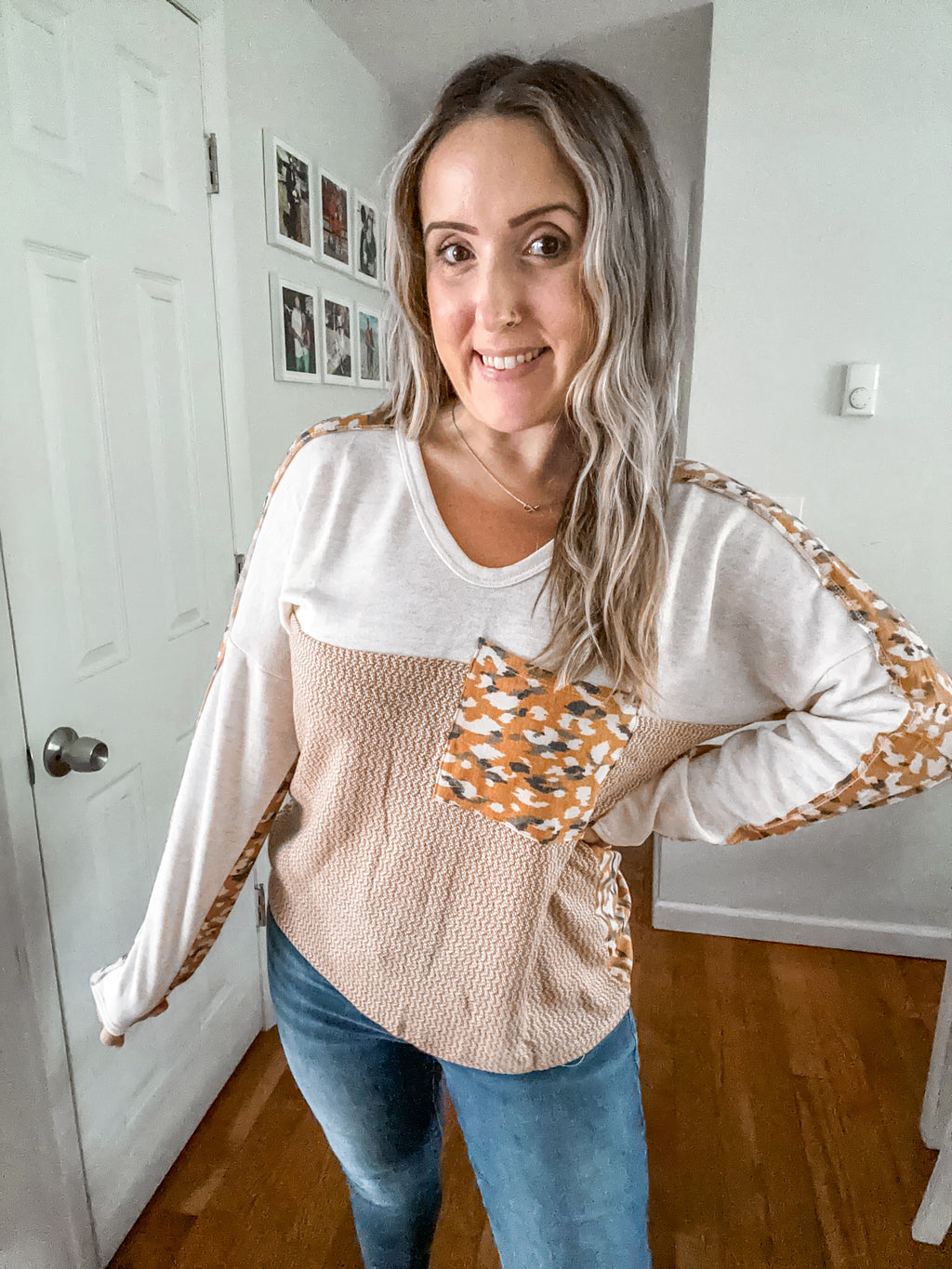 Lucky To Have Mustard Leopard Color Block Long Sleeve Top
