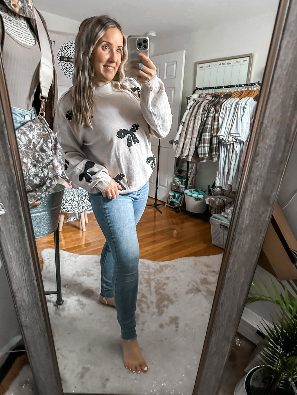 The Cottage Charm Pearl Embellished Bow Detailed Sweater