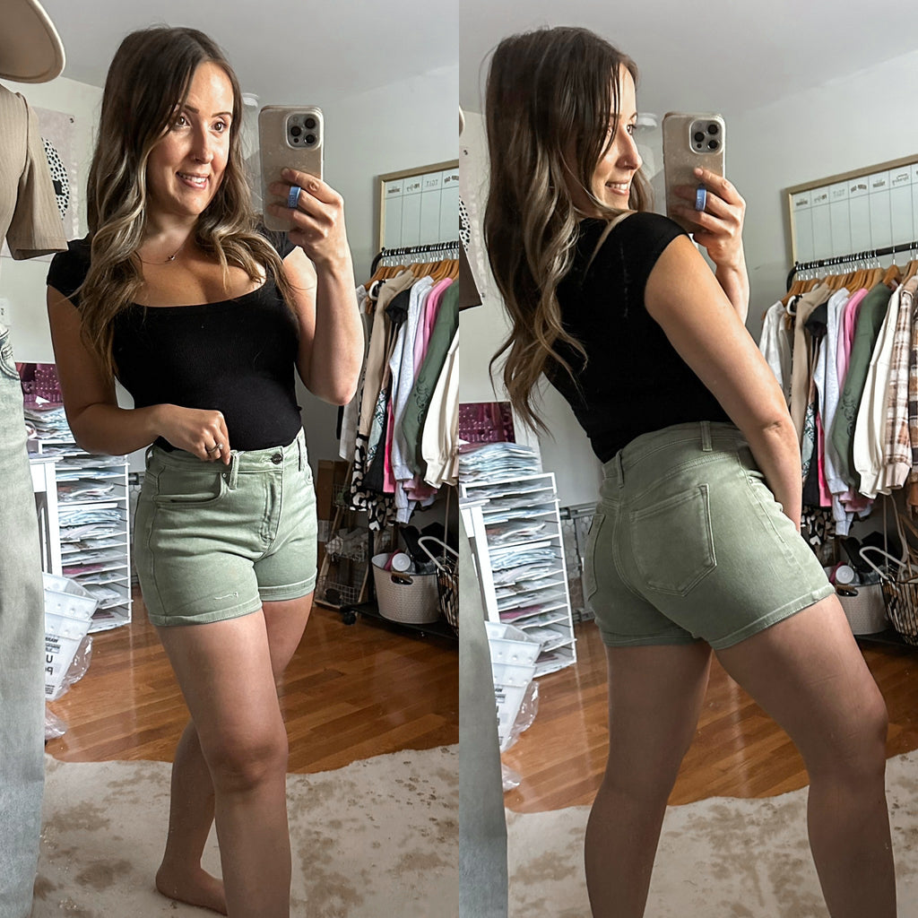 Power Your Happy Olive High Rise Cuffed Risen Denim Shorts