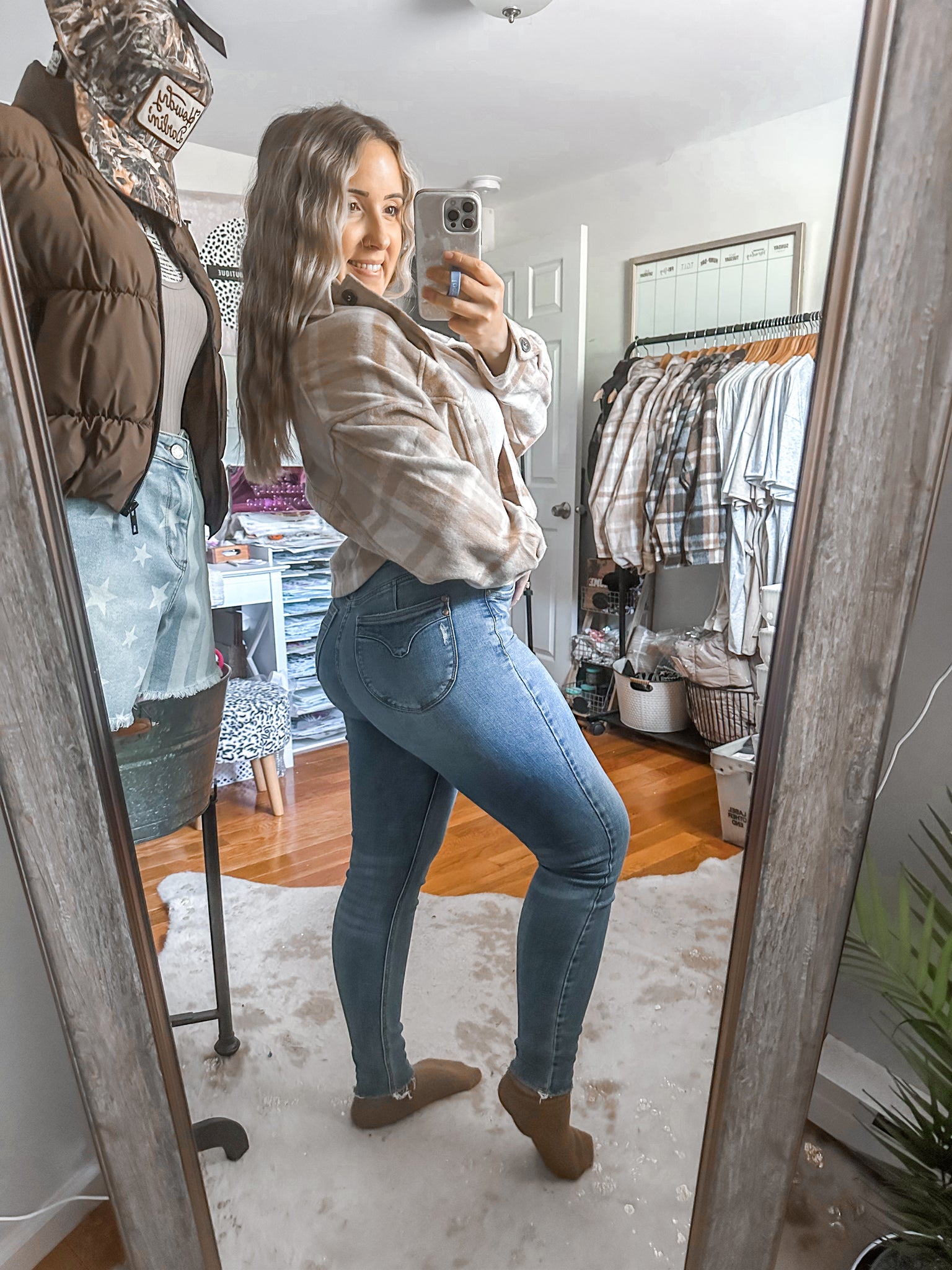 The Made For More Khaki Plaid Button Down Shacket