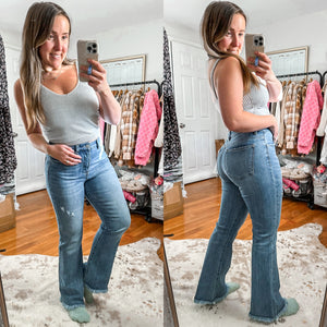 The Way We Were Risen High Rise Vintage Frayed Bootcut Denim