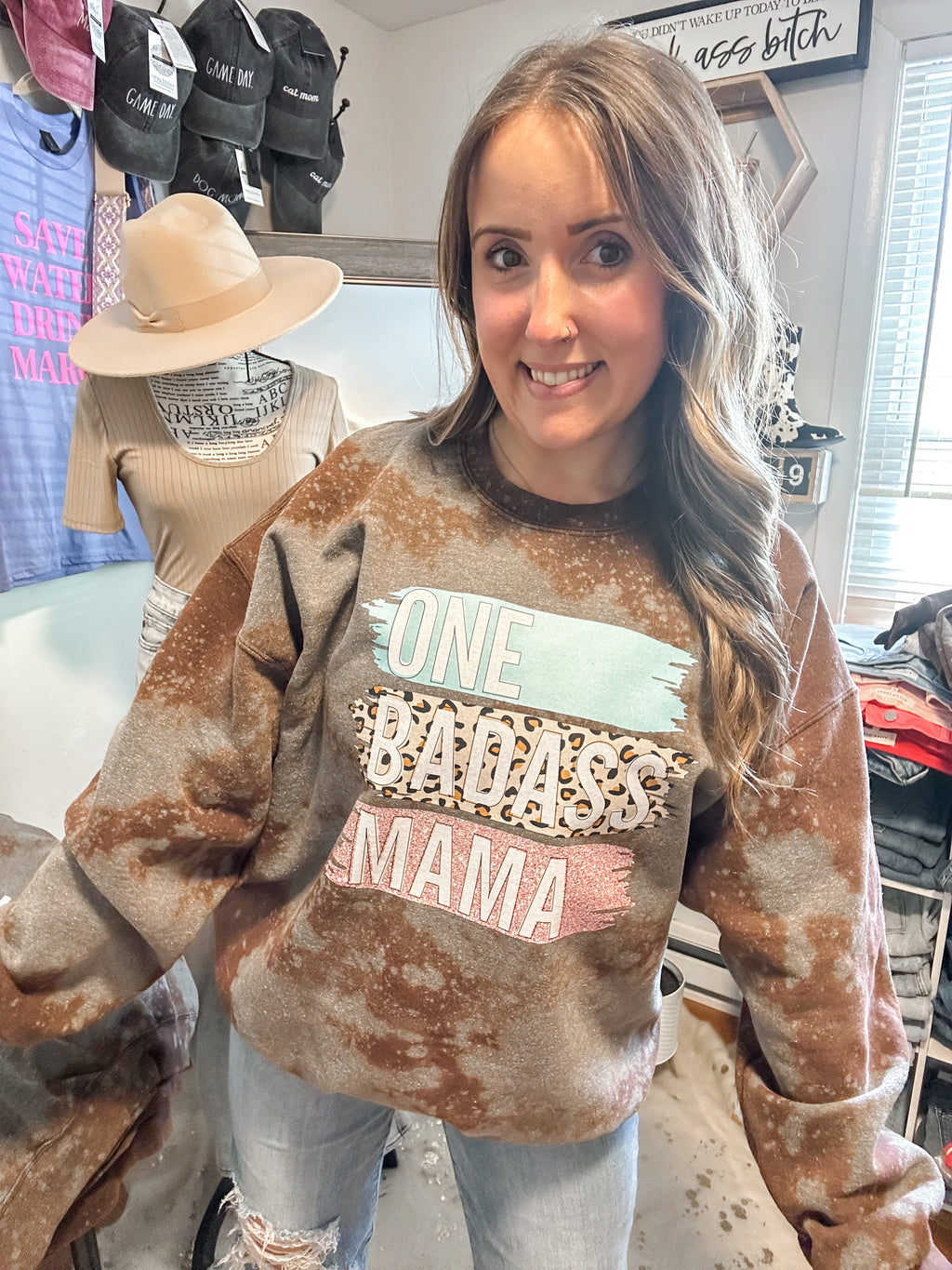 ONE BADASS MAMA 2X ACID WASH UNISEX SWEATSHIRT
