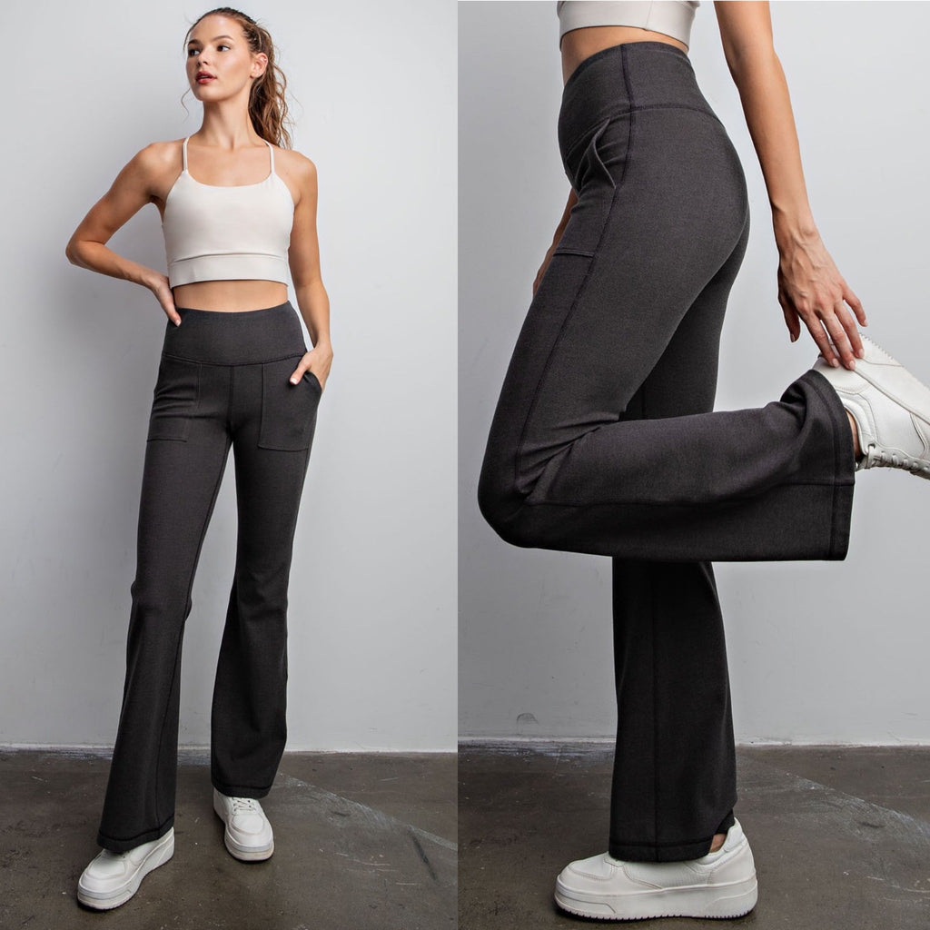 Wind Down Black Ribbed High Rise Bell Bottom Pants With Side Pocket