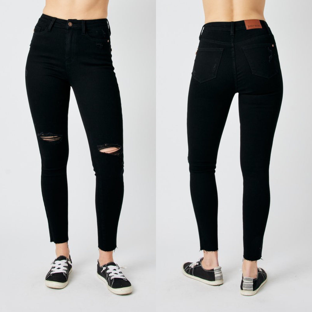 Tear You Apart Black High Rise Distressed Raw Hem Skinny Judy Blue Denim