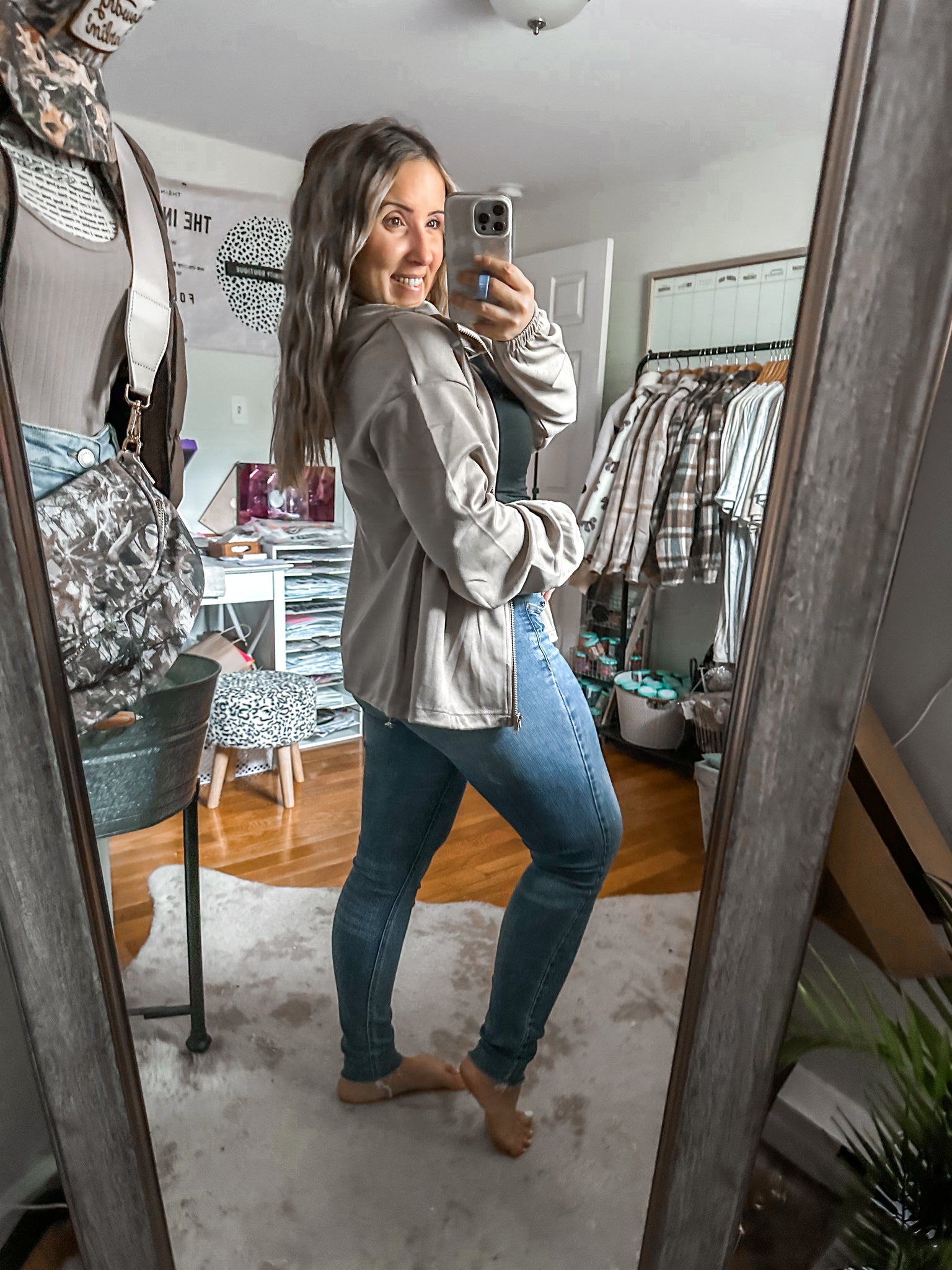The Tatum Taupe Bow Detailed Zip Up Hooded Jacket