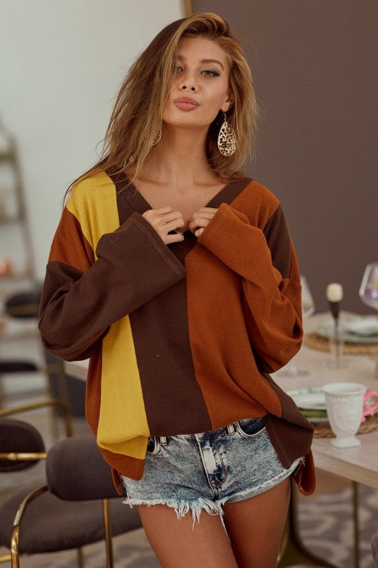 Thankful For You Thermal Color Block Long Sleeve Top