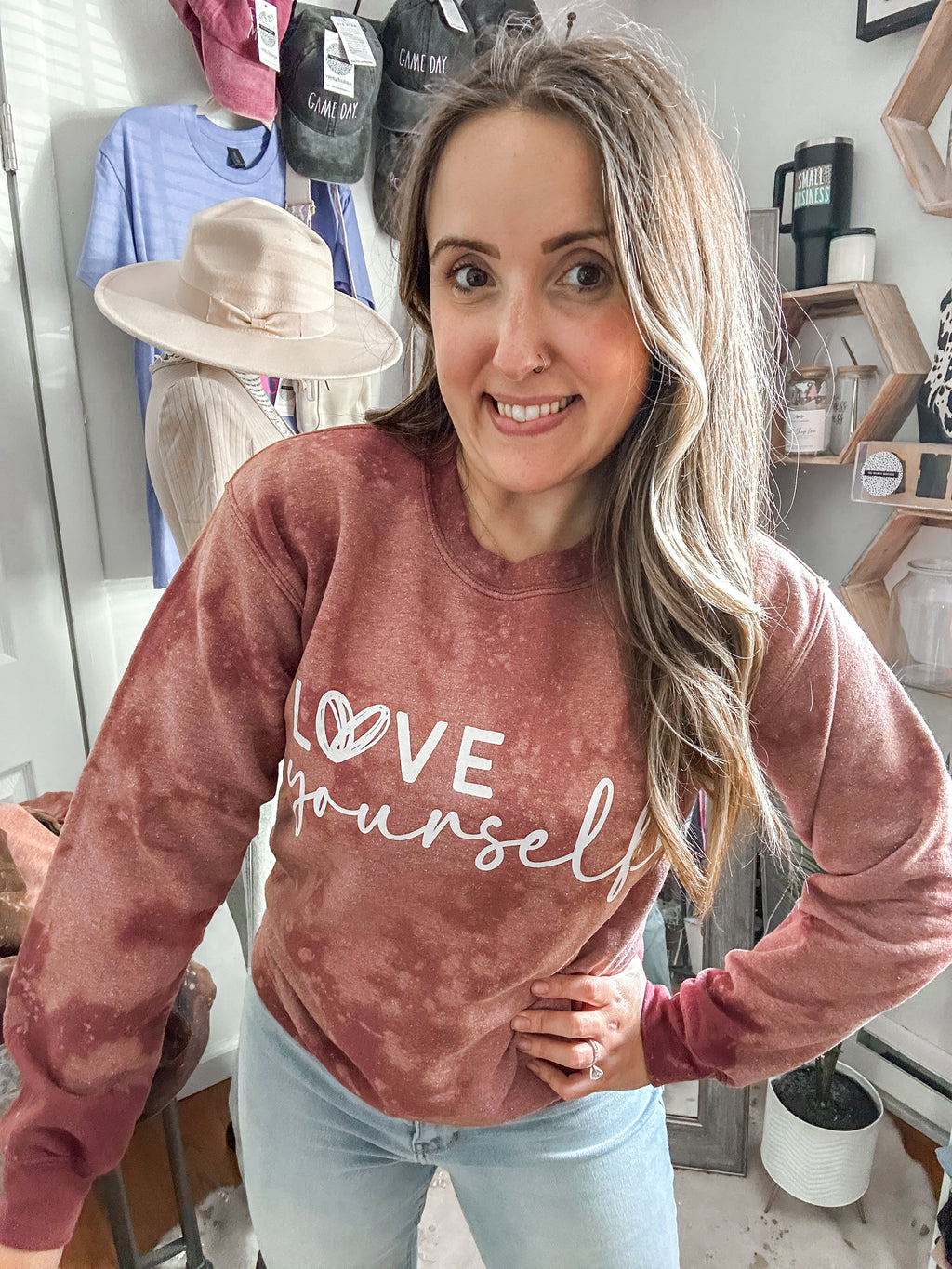 LOVE YOURSELF SMALL ACID WASH UNISEX SWEATSHIRT