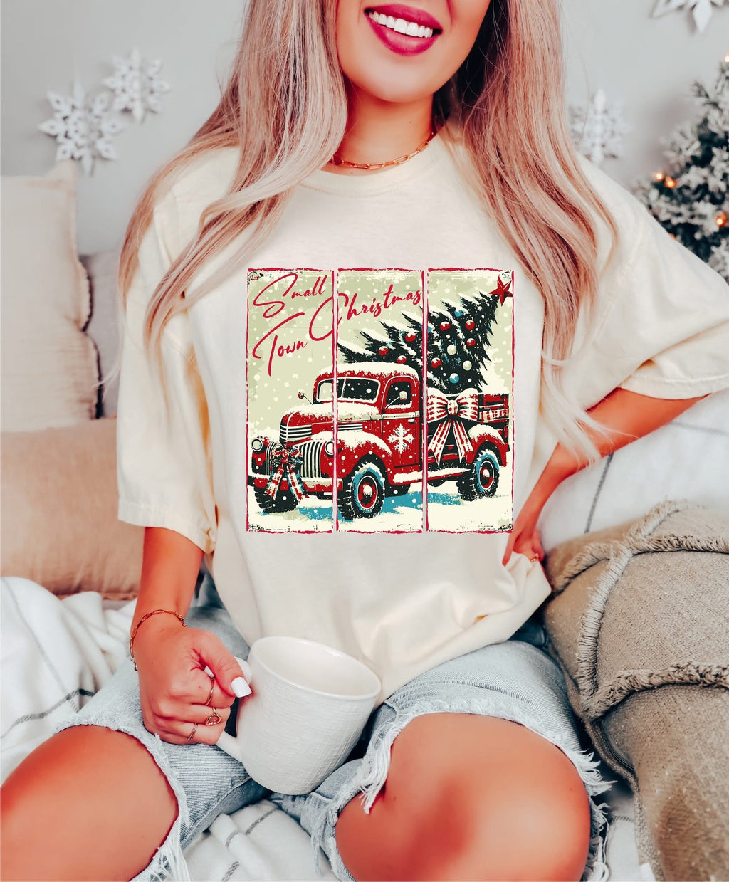 Small Town Christmas Tan Unisex Cotton T-Shirt
