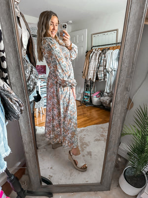 The Sutherland Khaki Smocked Floral Long Sleeve Dress