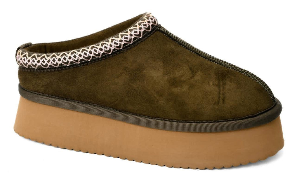 The Pillow Talk Platform Khaki Faux Suede Corkys Slip On Shoes