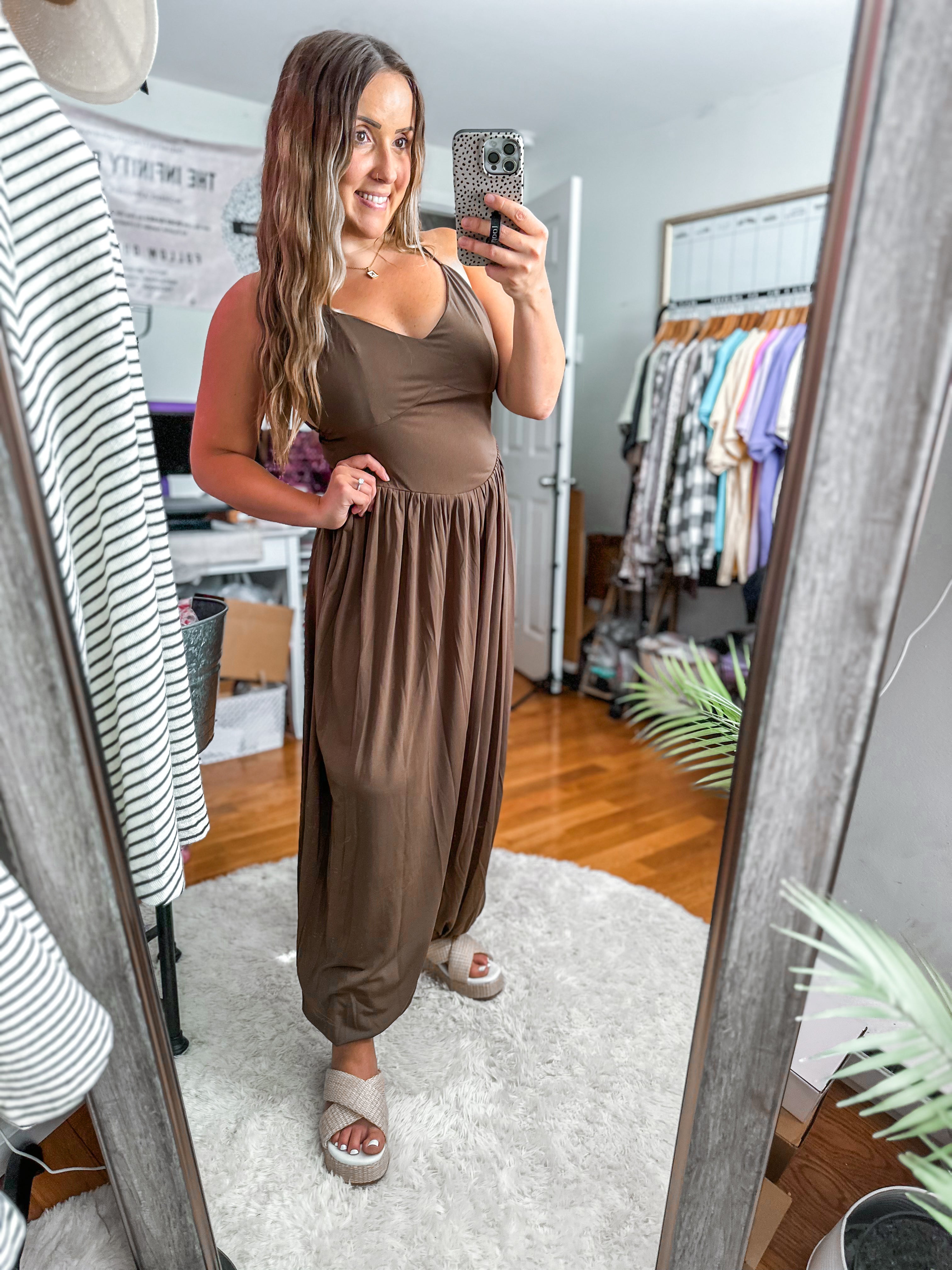 Runaway Love Mocha V NECK Flowy Criss Cross Open Back Jumpsuit