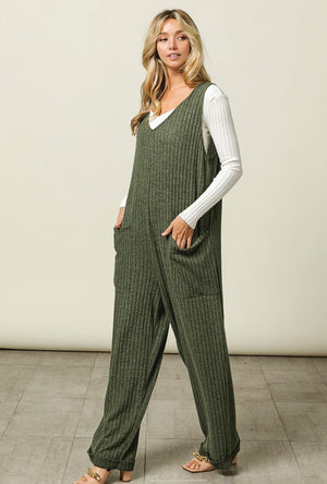 All You Can See Olive Ribbed Tied Overalls