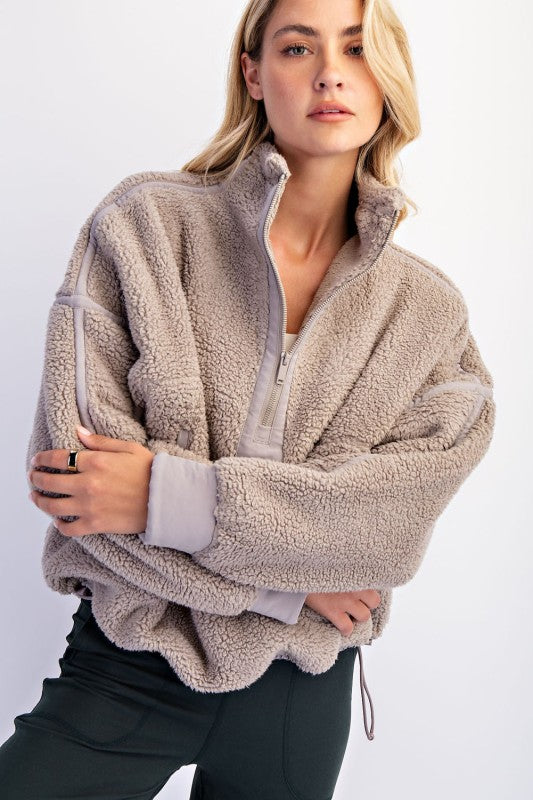 The Back To Reality Stone Taupe Sherpa Mock Neck Quarter Zip Jacket
