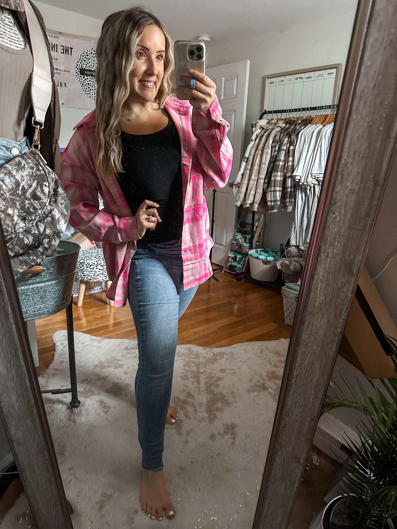 Little Do You Know Pink Plaid Button Down Long Sleeve