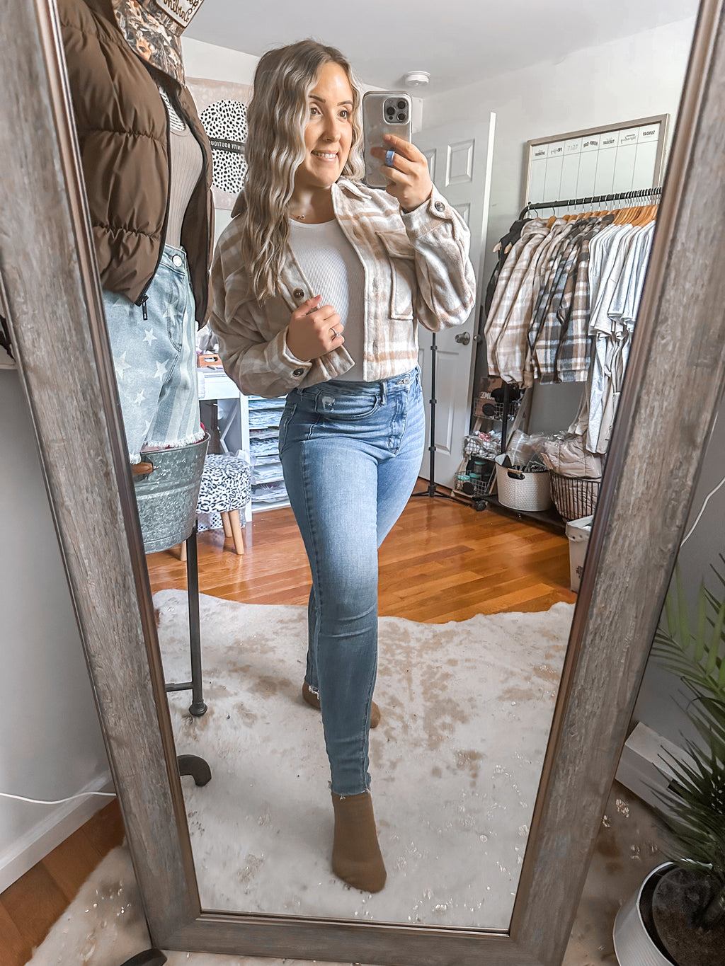 The Made For More Khaki Plaid Button Down Shacket