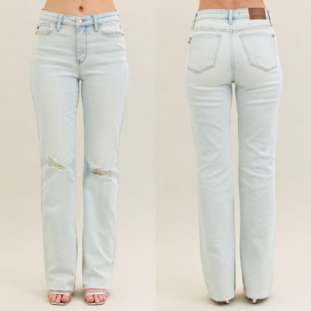 Sorry Not Sorry Mid Rise Distressed Raw Hem Bootcut Judy Blue Denim