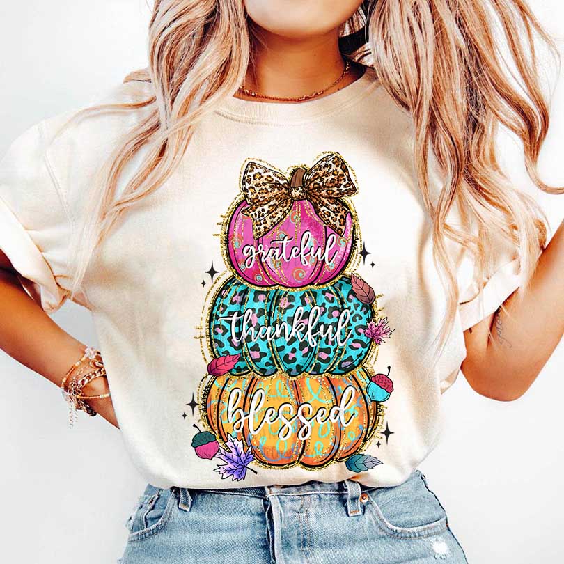 Grateful Thankful Pumpkins Tan Cotton T-Shirt