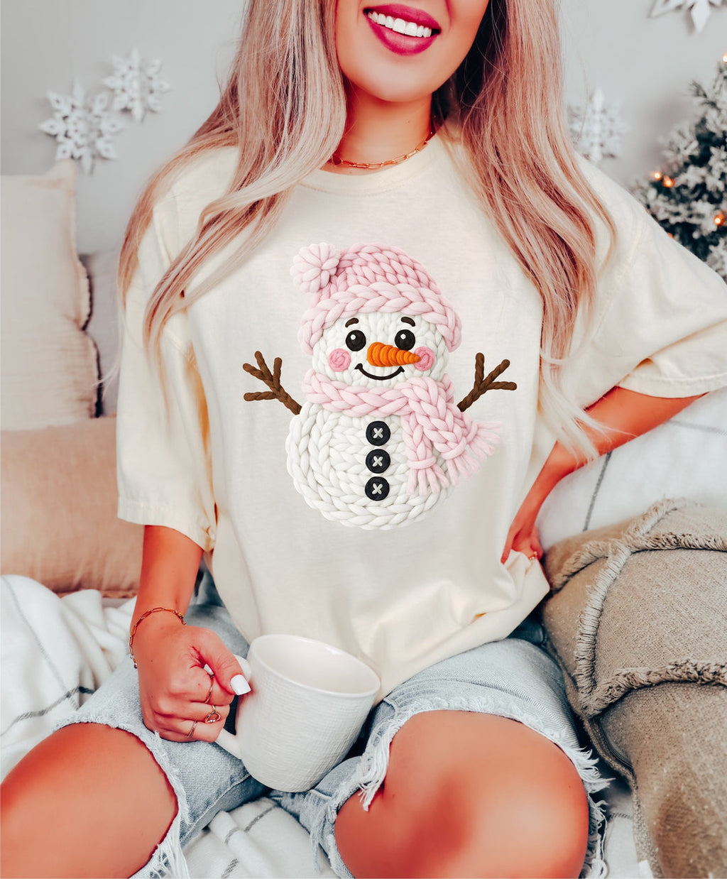 Pink Faux Knit Snowman Tan Unisex Cotton T-Shirt
