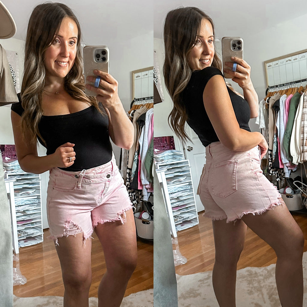 By Any Means Light Pink High Rise Distressed Risen Denim Shorts