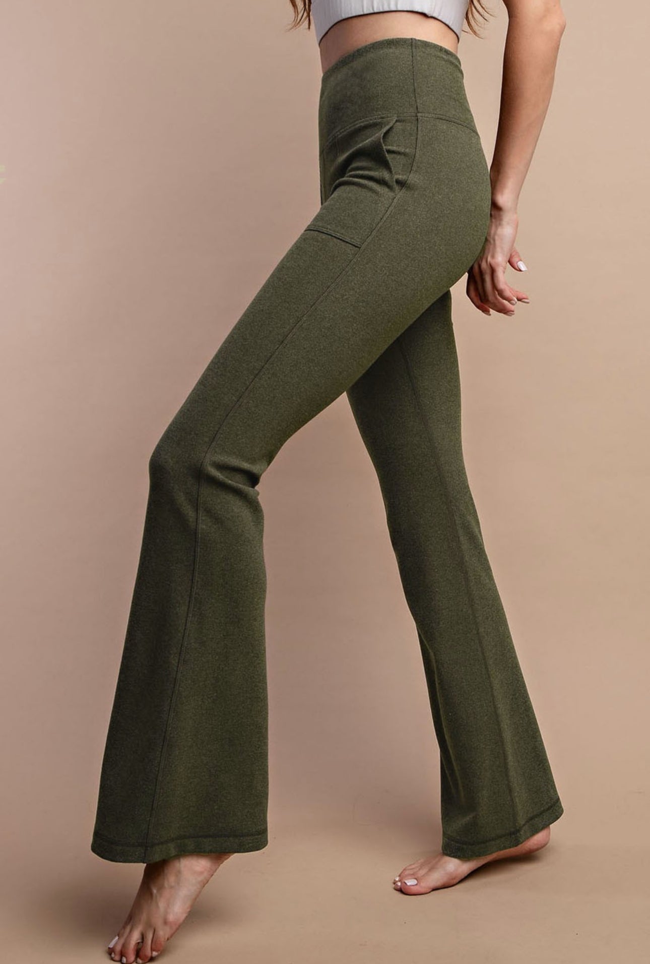 Wind Down Olive Ribbed High Rise Bell Bottom Pants With Side Pocket