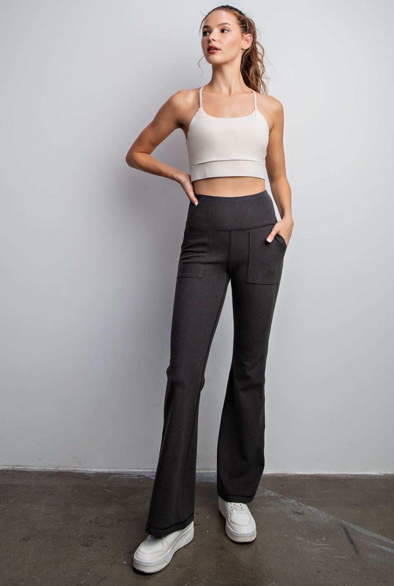 Wind Down Black Ribbed High Rise Bell Bottom Pants With Side Pocket