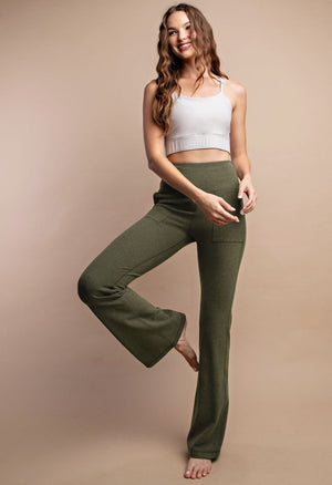 Wind Down Olive Ribbed High Rise Bell Bottom Pants With Side Pocket