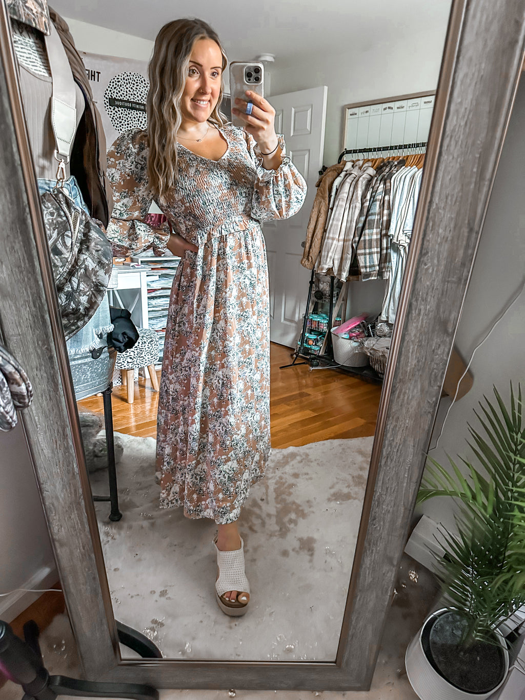 The Sutherland Khaki Smocked Floral Long Sleeve Dress