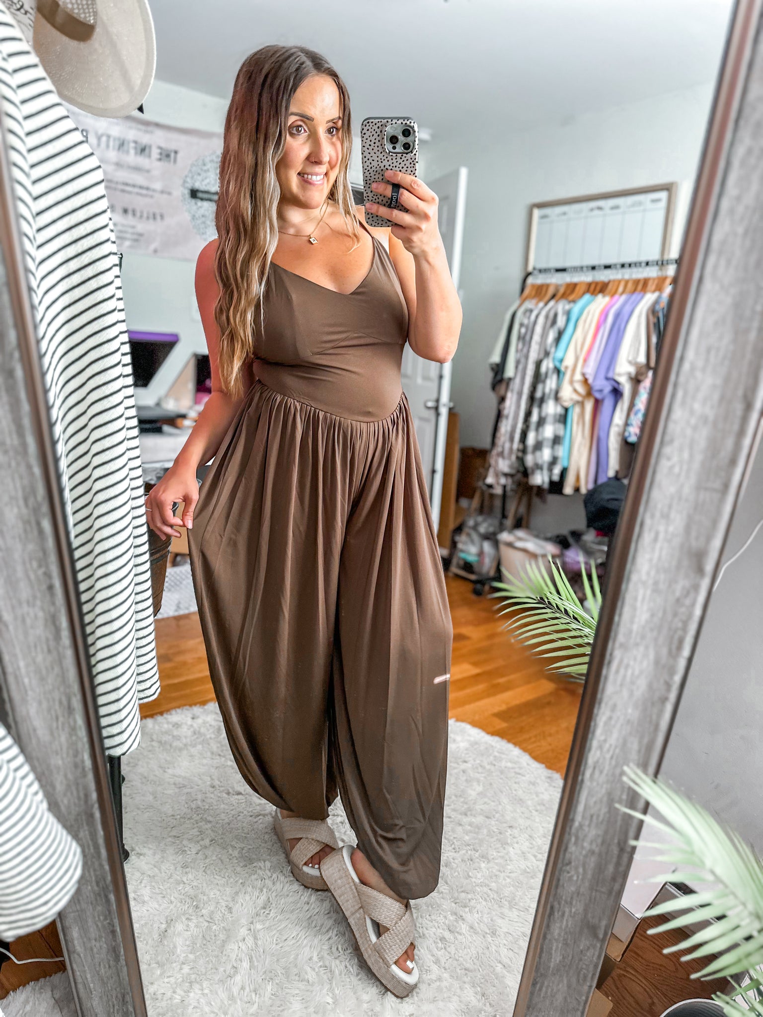Runaway Love Mocha V NECK Flowy Criss Cross Open Back Jumpsuit