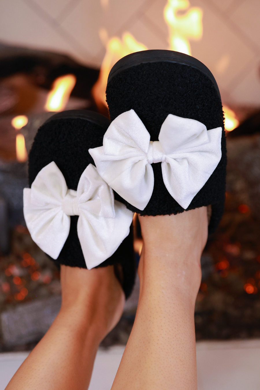 Cozy Black & White Bow Slippers