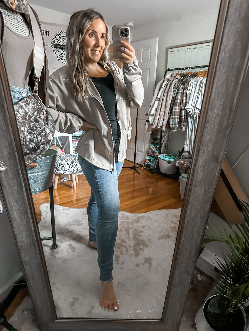 The Tatum Taupe Bow Detailed Zip Up Hooded Jacket