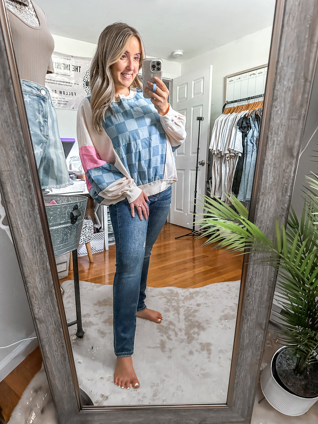 Chic By Day Denim Checkered Colorblock Oversized Sweatshirt