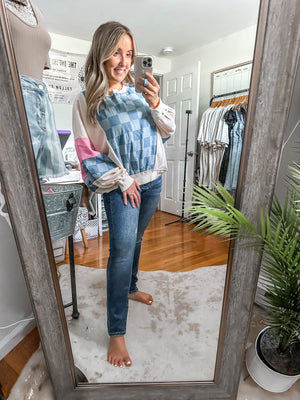 Chic By Day Denim Checkered Colorblock Oversized Sweatshirt