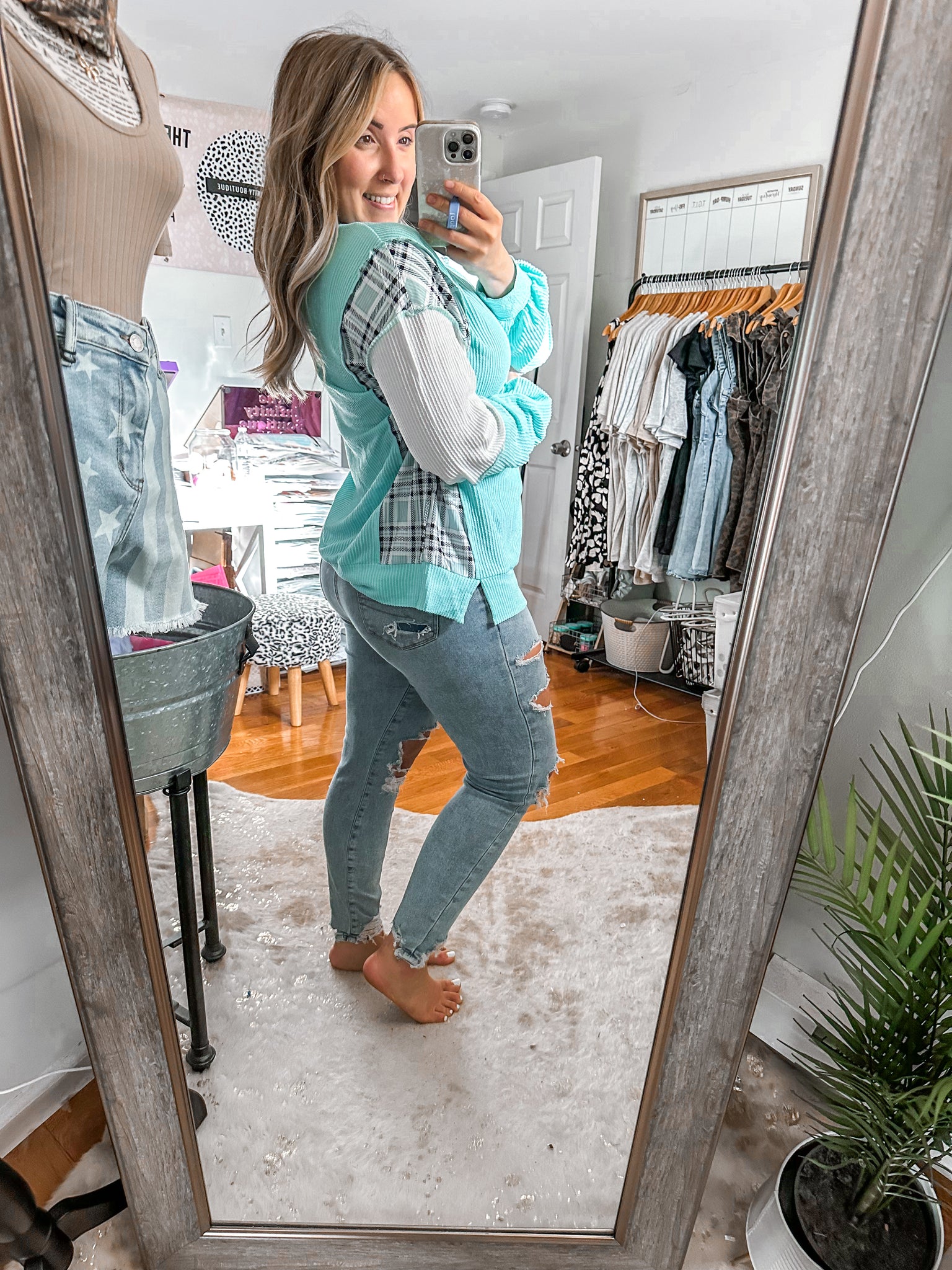 Breakfast At Tiffany’s Blue Color Block Patchwork Long Sleeve Top