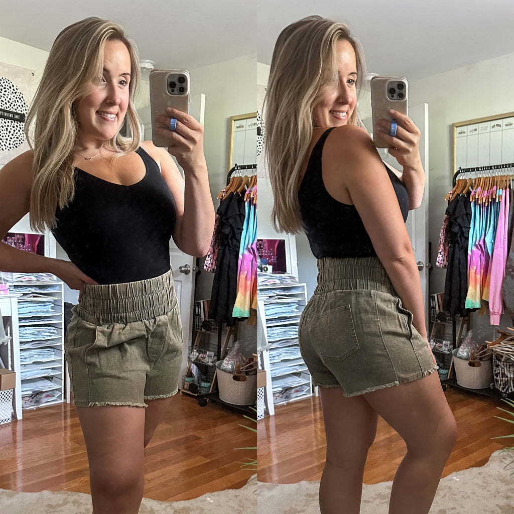 The Shoreline Sunset Olive Acid Wash Twill Shorts