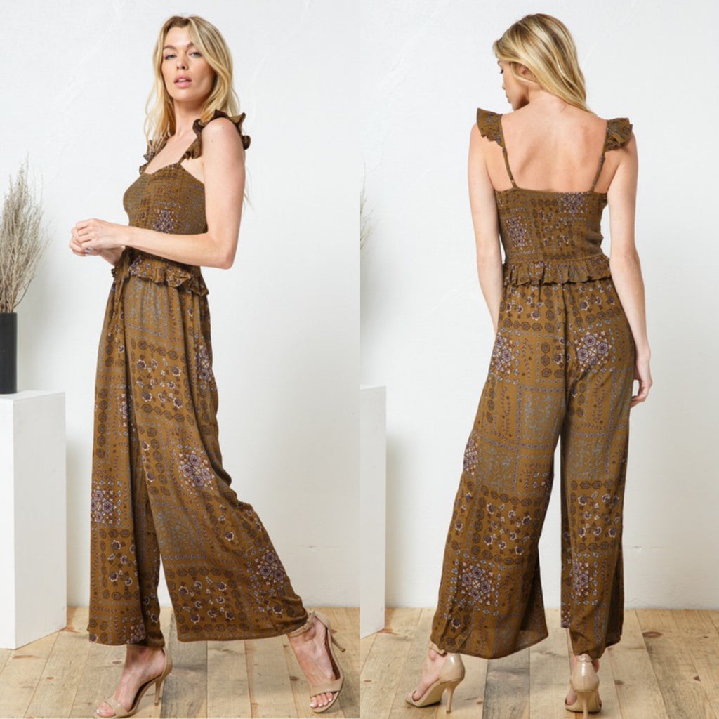 The Phoenix Paisley Mustard Smocked Jumpsuit