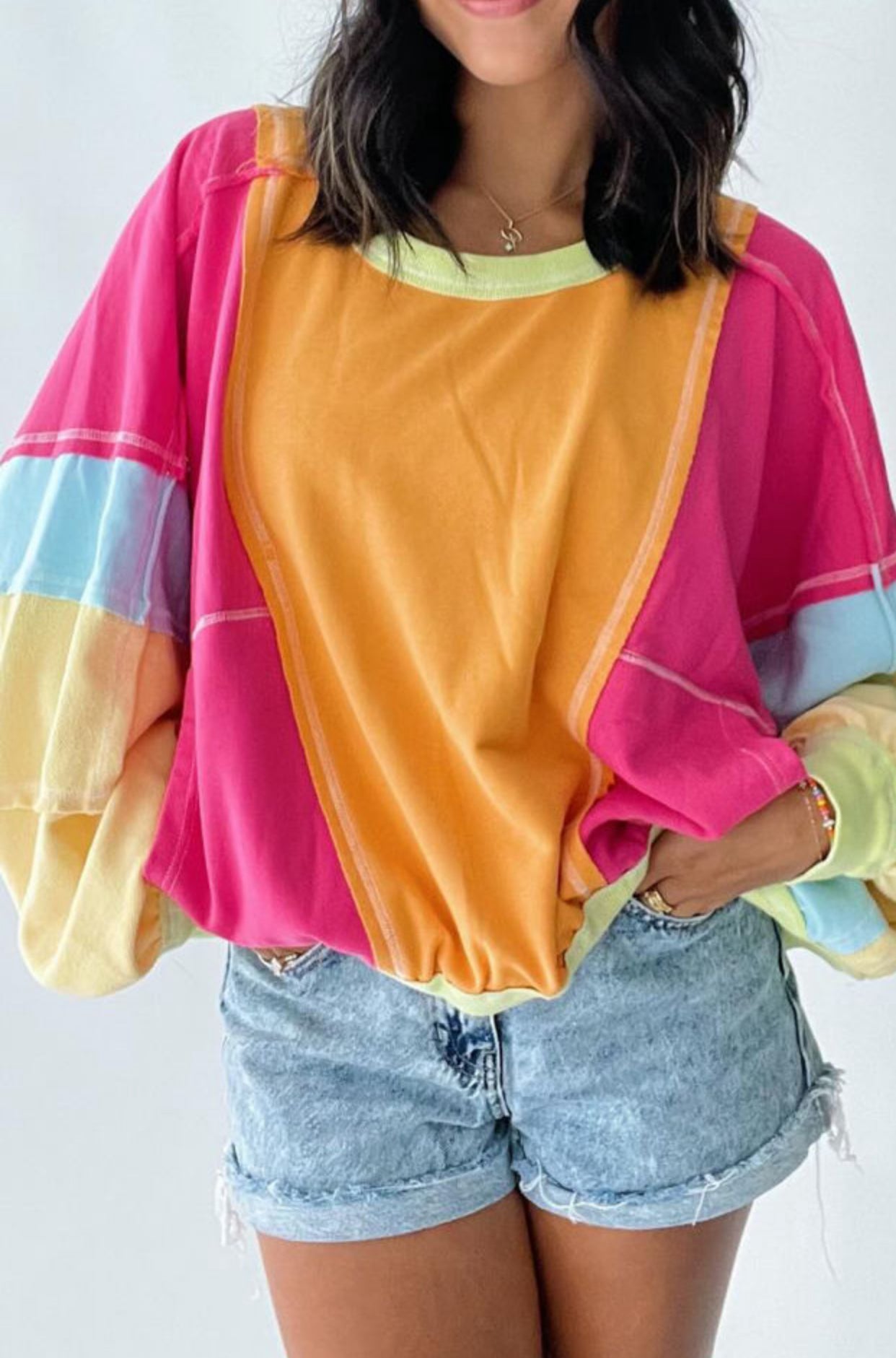 PREORDER The Love Me Now Neon Oversized Color Block Long Sleeve Top