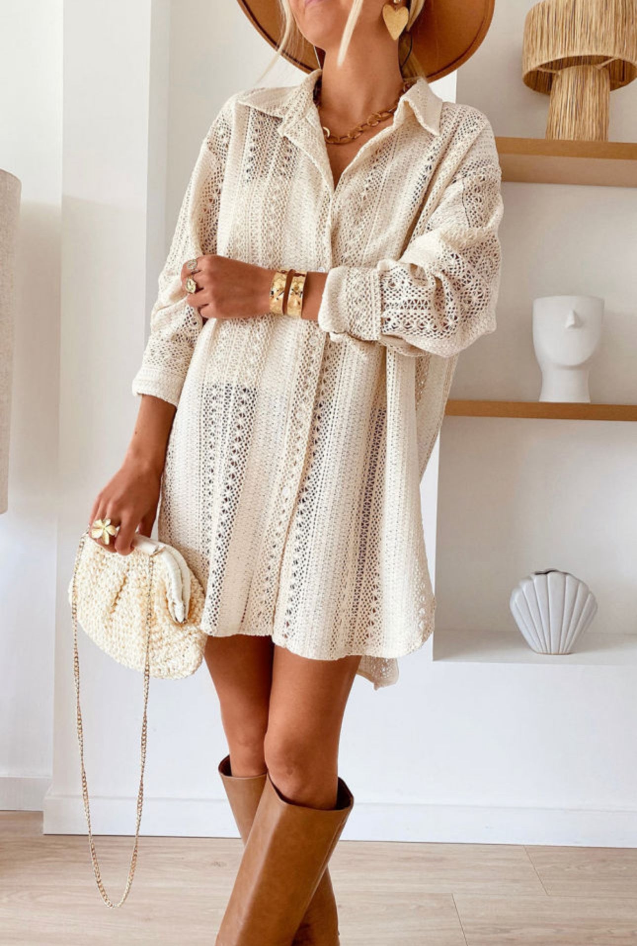 By The Bay Beige Crochet Collared Oversized Tunic