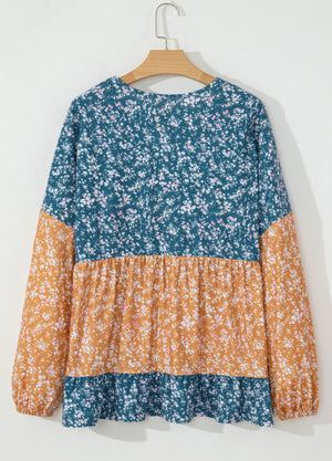 Hooked On You Floral Colorblock Long Sleeve Blouse