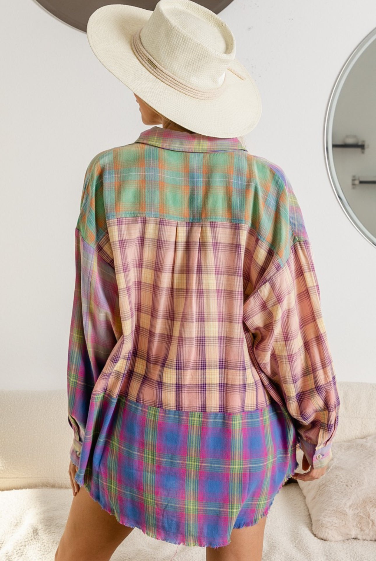 Summer Nights Vintage Plaid Bleached Long Sleeve Top