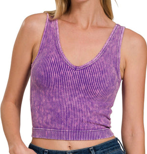 Purple Washed Ribbed Bra Padded Cropped Tank