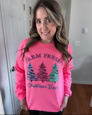 Farm Fresh Christmas Trees Glitter Pink Full Size UNISEX Fleece Sweatshirt