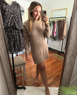 PREORDER Autumn Affair Taupe Cable Knit Sweater Dress