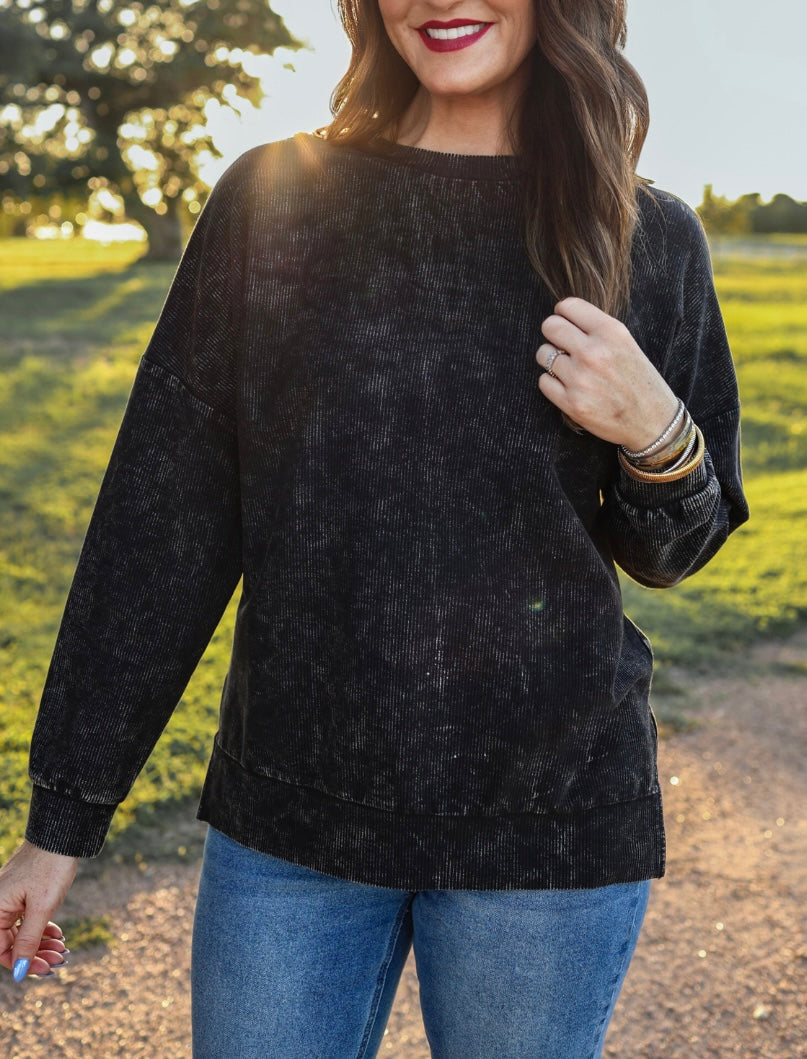 The Alexis Black Corded Vintage Pullover