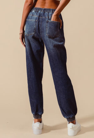 Hooked On You Distressed Terry Color Block Denim Joggers